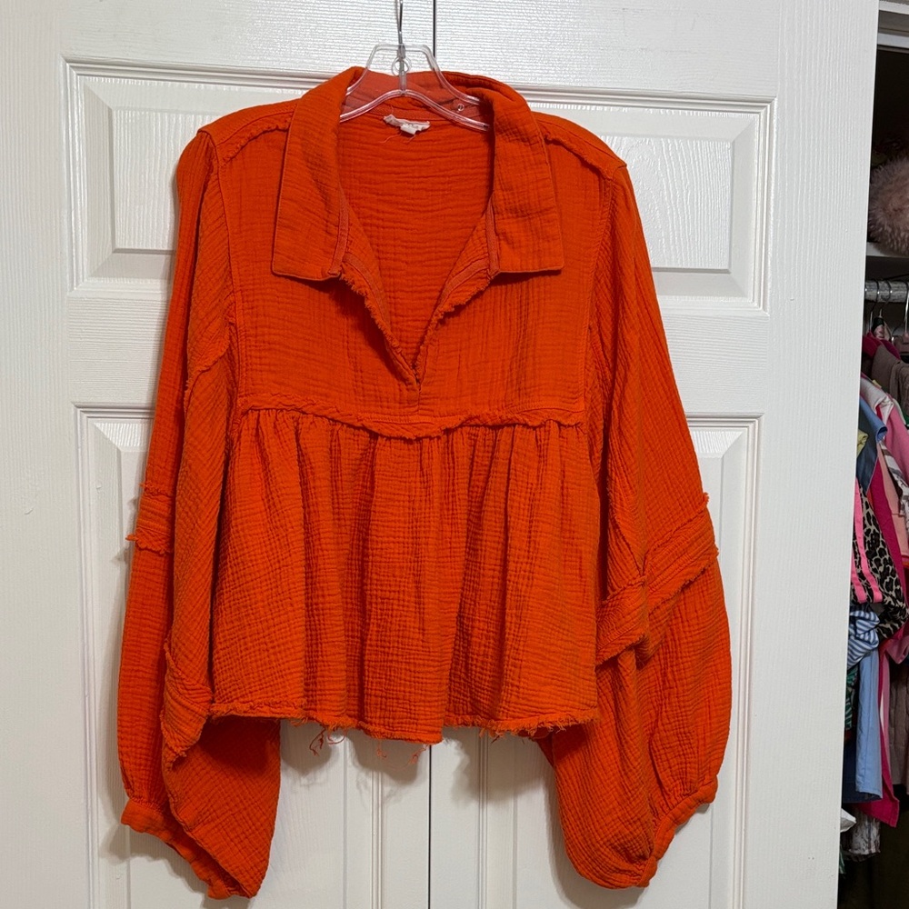 BUCKETLIST Bold Orange Gauze Peasant Top